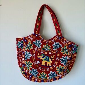 Embroidered Red Elephant Tote Bag - Colorful Floral Accent